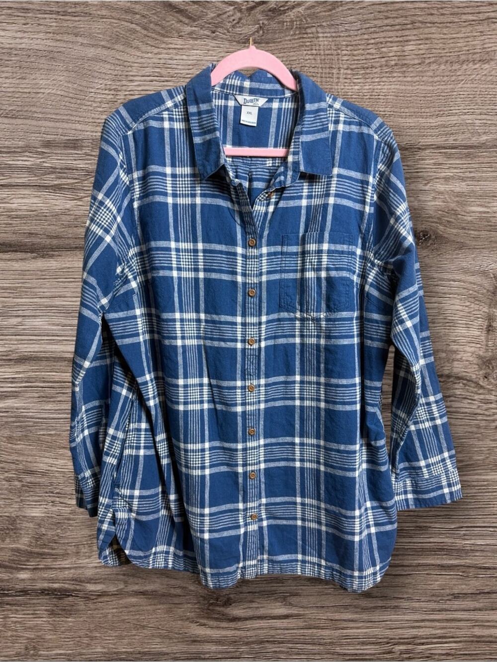 Duluth trading company blue plaid button-down shirt, XXL.